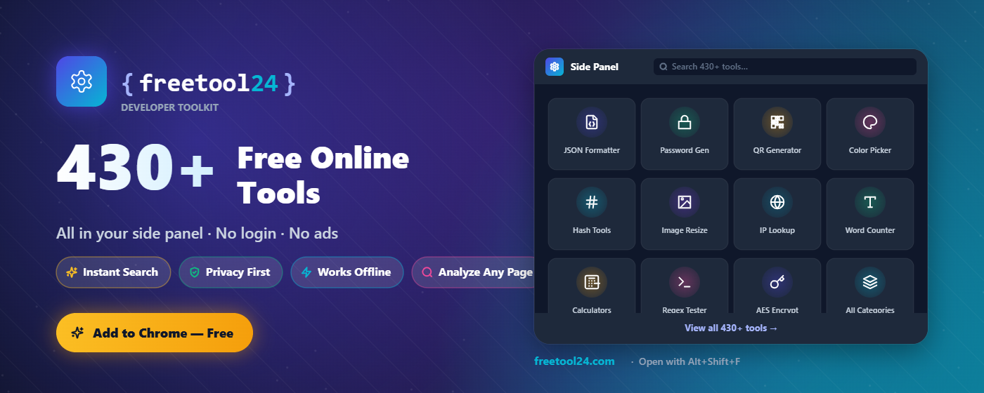 FreeTool24 Chrome extension — 430+ free online tools in the side panel